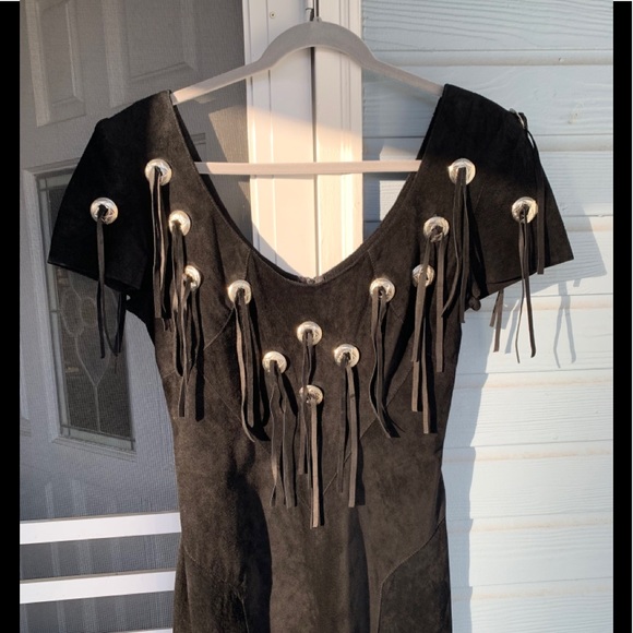 Western Fringe Concho Black Suede Dress 9/10 *VINTAGE* - Picture 6 of 15